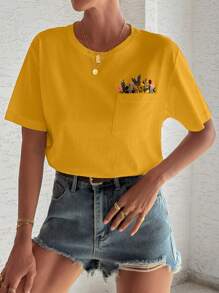 EURMUSE 100%纯棉花朵刺绣T恤，圆领，口袋细节 - 黃色 - 查看 5