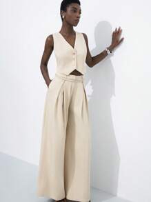 Aveloria Modichic Nuovo set di tailleur da donna alla moda, minimalista e polivalente, composto da blazer smanicato con scollo a V, vita aderente e pantaloni con vita alta e gamba ampia, vita stretta, adatto per l'ufficio e il tempo libero