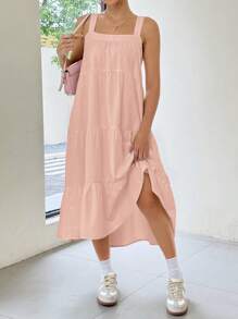 SHEIN EZwear 女士休闲纯色中长连衣裙，夏季 - 淺粉色 - 查看 5