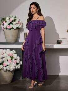 Modelyn Vestido de tirantes largos sin hombros con volantes y rayas de alga marina, elegante y romántico estilo ajustado para mujeres - Rojo violeta - Ver 7