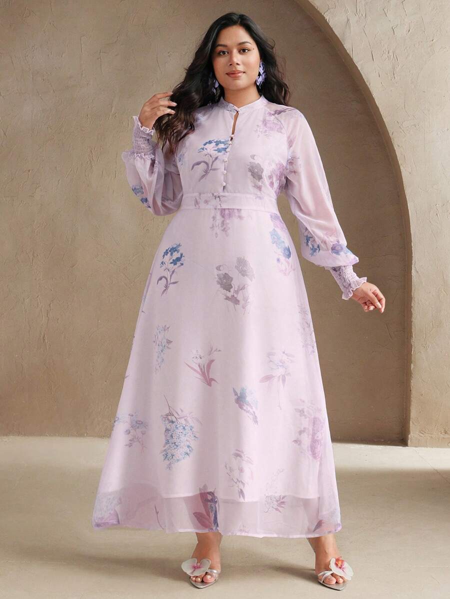 Anewsta 女式V领纽扣长袖花卉欧根纱连衣裙长款女装 - 紫色 - 查看 1
