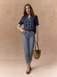 Écloséra Chemisier à manches bouffantes rouge brodé pour femme