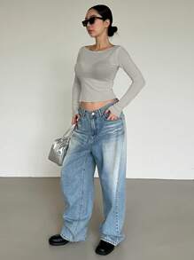 DAZY Lässiges, einfarbiges Slim-Fit Damen T-Shirt mit Off-Shoulder Ausschnitt, Langarm Damen Oberteil, Herbstmode für Frauen