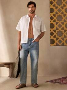 GENTILAND Men's Casual Loose Woven Embroidered Short Sleeve Shirt