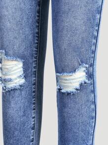 Girls' Navy Blue Fashionable Ripped High Waisted Stretchy Skinny Jeans, All-Match & Versatile - Dark Wash - View 5