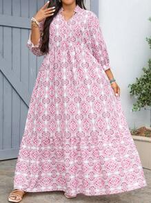 SHEIN VCAY Plus Size Print Sleeveless Dress, Beach Vacation Wear,Summer Outfits For Women - Pink - View 4