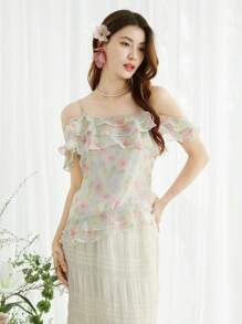 Celisse New Arrival Summer Vacation Stylish Chiffon Floral Print Off-Shoulder Sleeveless Ruffled Hem Women Blouse