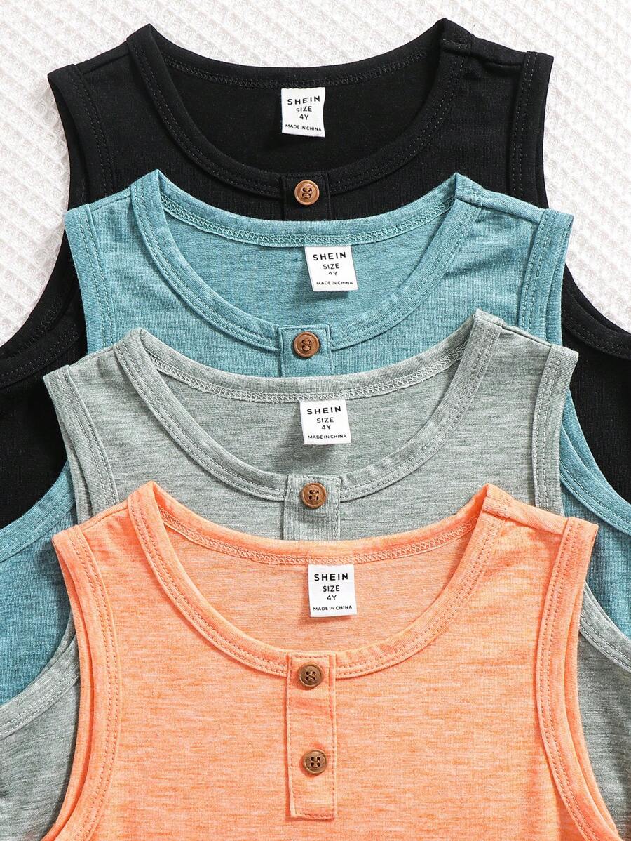 SHEIN 4pcs/Set Boys Comfortable, Breathable, Cool And Sweat-Wicking Sleeveless Round Neck Knit Tank Tops, All-Match Casual Versatile Design, Suitable For Spring/Summer Daily, Sports, Outdoor, School, Party, Festival, Photography, Back To School - Multicolor - View 1