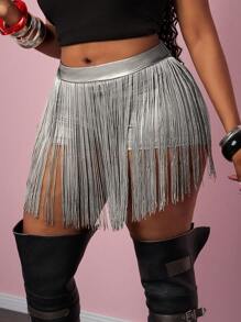 Slaydiva SLAYR PLUS Music Festival Black Fringe PU Elastic Knit Mini Shorts, Plus Size