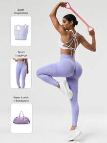SHEIN Sports Damskie legginsy do jogi i fitnessu z wysokim stanem i nadrukiem tie-dye - Fioletowy - Zobacz 1