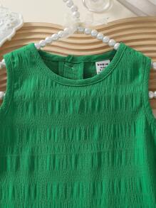 SHEIN Playful Pals 女童荷葉邊無袖純色洋裝 休閒舒適 夏季公主風 百搭外出與疊穿 嬰幼女童服飾 女孩洋裝 - 綠色 - 查看 4