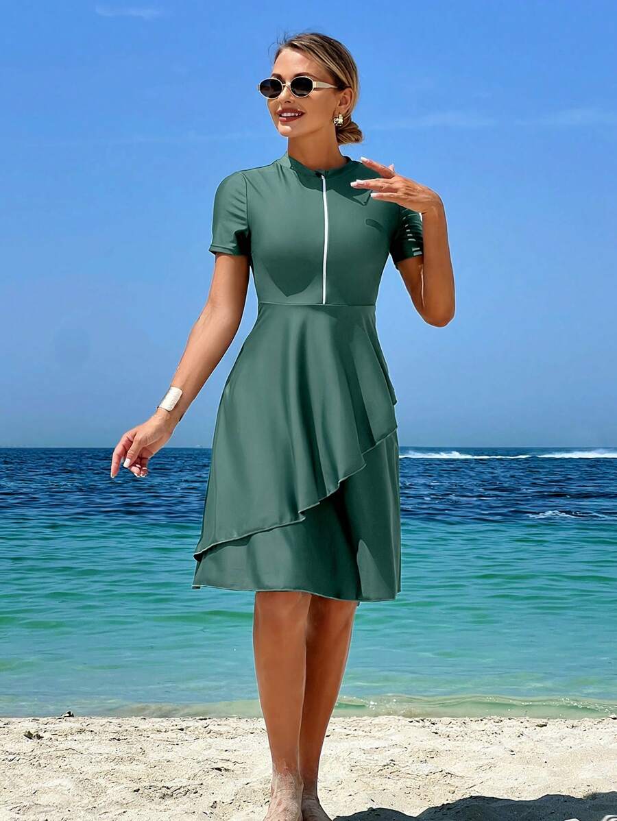 Swim Mulvari 2 pièces Robe longue asymétrique à manches courtes avec fermeture éclair, couleur unie pour le printemps, mode plage et vacances pour femmes