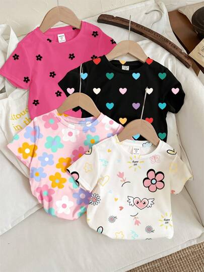 SHEIN 4pcs/Set Baby Girl Casual Minimalist Round Neck Short Sleeve T-Shirt, Suitable For Spring/Summer