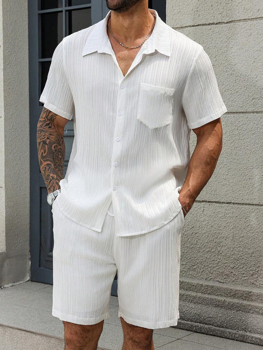 Manfinity Homme Men's Plus Size White Textured Short Sleeve Shirt And Shorts Set - White - View 1
