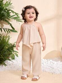 Travachic KIDS Babygirl 可爱夏季卡其色纹理面料吊带背心和松紧腰裤套装 - 卡其色 - 查看 1