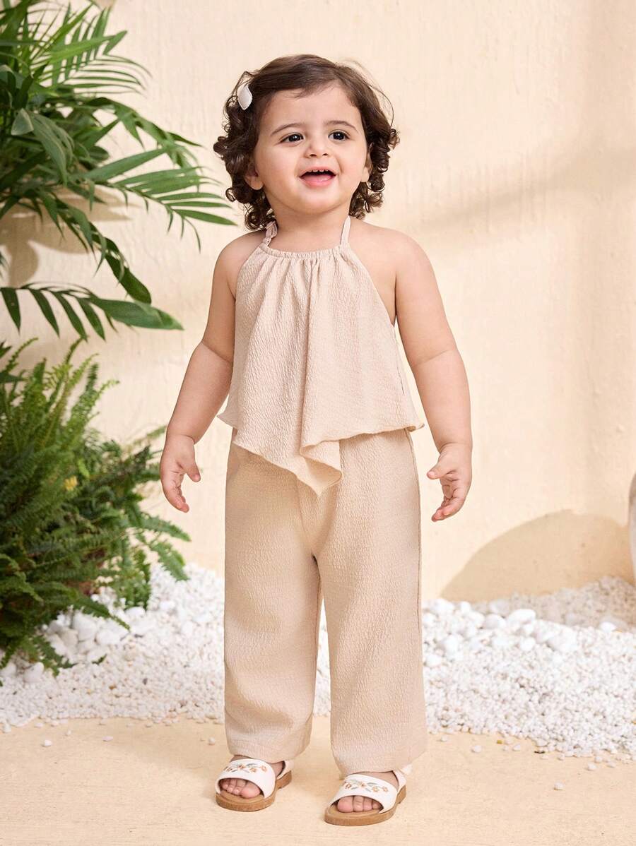 Travachic KIDS Babygirl 可爱夏季卡其色纹理面料吊带背心和松紧腰裤套装 - 卡其色 - 查看 1