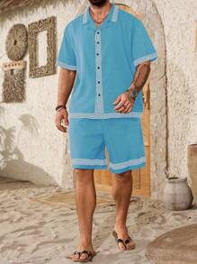 Genlund Plus Size Men's Geometric Print Front Button Short Sleeve Shirt And Pocket Shorts Set - Baby Blue - View 7