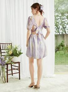 SHEIN LUNE Purple Tie-Dye Backless Dress, Women's Summer New Sweet Flared Mini Dress - Multicolor - View 5