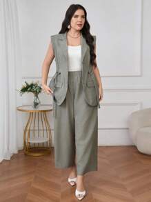 Modelyn Plus Size 2pcs Set Solid Color Sleeveless Vest And Pants, Fashionable For Summer - Army Green - View 6