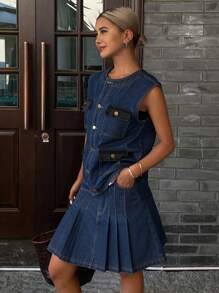 DAZY 女士夏季休闲宽松无袖牛仔夹克和裙子两件套，秋装 - 藍色 - 查看 4