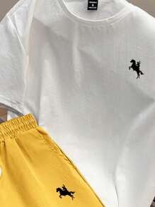 Manfinity Joysei 2pcs Casual Men Equestrian Figure Print Tight-Fit Crew Neck Short Sleeve T-Shirt And Yellow Woven Shorts Set, Suitable Gift For Boyfriend - Multicolor - View 2