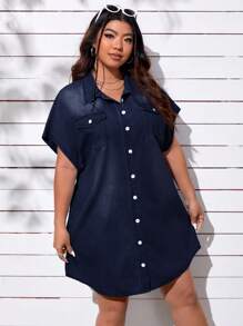 SHEIN SXY 大码牛仔连衣裙，适合夏季的时尚 - 深色水洗藍 - 查看 3