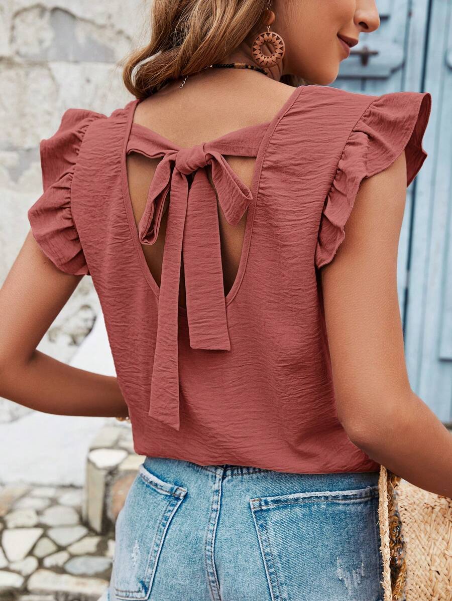 SHEIN Frenchy Women's Summer Vacation Solid Colored Back Cross Strap Ruffle Trim Blouse Christmas Casual Holiday Resort - Redwood - View 1