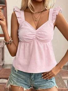 Poéselle Top de manga corta con estampado de mariposa y textura de lino a rayas, con pliegues en el pecho y ajuste holgado, en color liso veraniego, para vacaciones de verano, cómoda, estilo bohemio, para mamá, Top de traje de baño