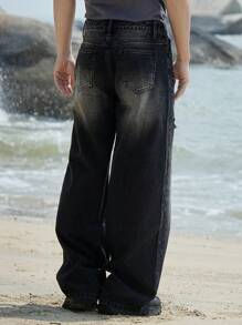 DAZY Jeans rectos de pierna ancha desgastados y lavados en negro con bolsillos ladeados para hombre, para la temporada de primavera