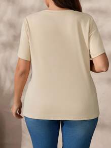 SHEIN LUNE Plus Size Elastic Pearl Embellished Short Sleeve Comfortable T-Shirt - Yellow - View 2