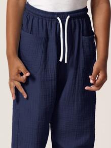 SUMWON Kids Pull On Textured Drawstring Pants Lightweight Cotton Summer Casual Trousers Breathable Wide Leg Joggers Beach Holiday Wear Play Clothes School - Navy Blue - View 5