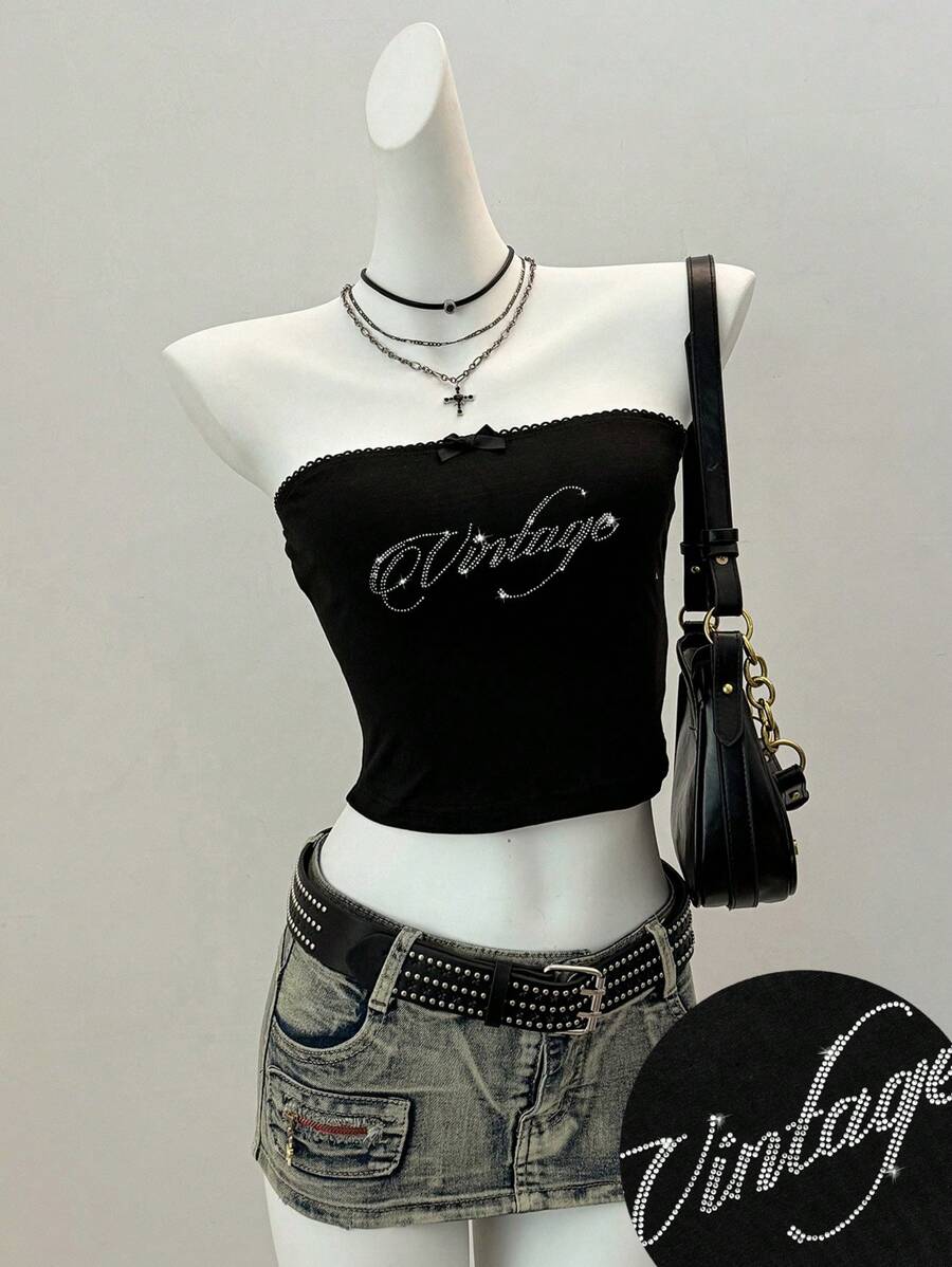 Attitoon Women's Casual Bandeau Crop Top,Suitable For Summer,Rhinestone - Black - View 1