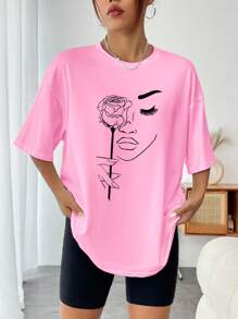 INAWLY Women's Casual Face & Rose Print Round Neck Dropped Shoulder T-Shirt, Summer - Pink - View 3