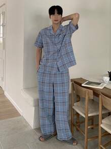 DAZY 男士夏季格子多色衬衫和蓝色休闲睡衣套装 - 彩色 - 查看 7