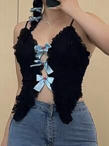 DAZY Áo hai dây ren viền bất đối xứng, trang trí nơ cỡ lớn cho nữ, gợi cảm, áo crop top câu lạc bộ mùa xuân/hè cho nữ - màu đen - Xem 1