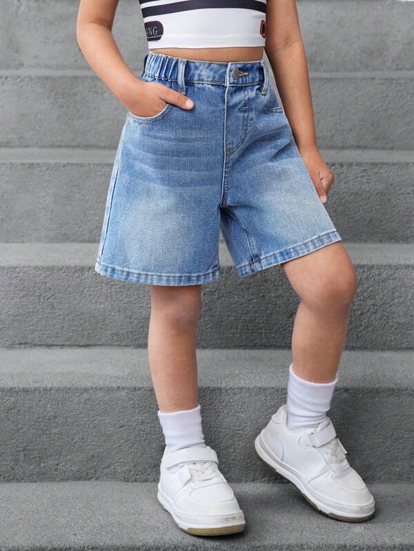 SHEIN Shorts en jean bleu décontractés et amples avec poches, style rétro Y2K. Tenue de vacances décontractée et bohème pour le printemps et l'été. Vêtements de style occidental cool pour enfants