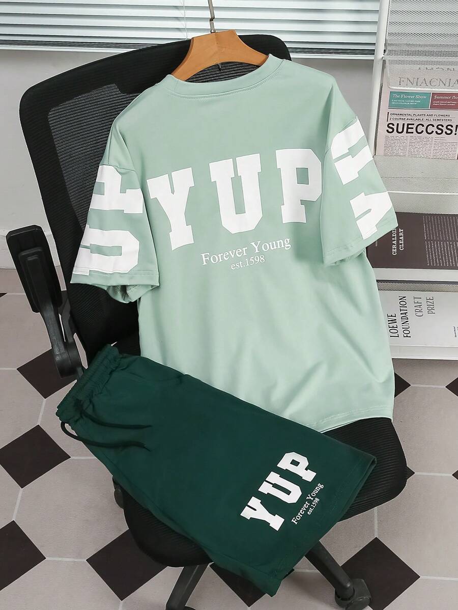 2pcs Tween/Teen Boys Summer Casual Letter Print Short Sleeve T-Shirt And Running Shorts Set, School, Campus, College - Multicolor - View 1