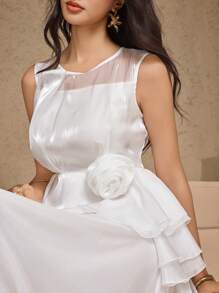 DAZY Abito da donna in tinta unita con decorazione floreale di rose, orlo irregolare e volant, senza maniche, stile resort, adatto per compleanni o matrimoni, per l'estate