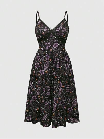 Goth Plus Size Long Dress With Allover Dark Purple Moth & Floral Print, Spaghetti Strap