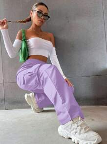 Hanevo Celana Panjang Kasual Model Lurus dengan Pinggang Elastis dan Kantong, Warna Polos - Purple - View 6