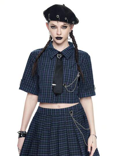 Goth Punk Rock Metal Chain Decor Plaid Cropped Shirt
