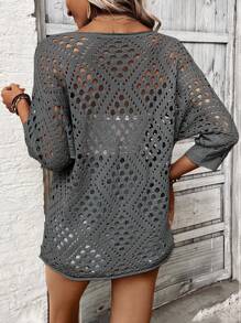 Breezaya Women's Loose Casual 3/4 Sleeve Hollow-Out Knit Sweater Knit Pullover Fall Winter - Grey - View 2