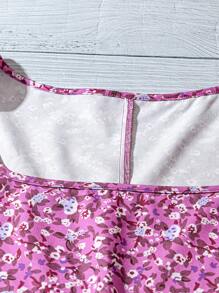 SHEIN LUNE Plus Size Women Summer Vacation Style Loose Fit Floral Print Round Neck Short Bubble Sleeve Blouse For New Year Clothes - Purple - View 4