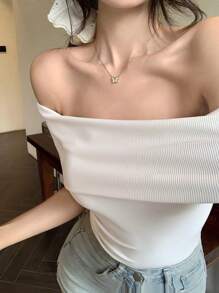 DAZY 女式纯色露肩修身背心 T 恤、女式短款上衣、露肩上衣 - 白色 - 查看 6