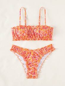 Swim Vcay Springbreak 荷叶边和小碎花抹胸和三角比基尼两件套泳衣，甜美女士泳装，适合海滩度假、休闲泳池派对 - 彩色 - 查看 3