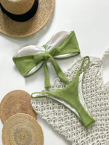 Swim Chiccia Bộ đồ bơi mùa xuân cho nữ, đồ bơi liền thân bằng vải jacquard màu trơn, không dây, trang trí kim loại, gợi cảm - màu xanh lá - Xem 2