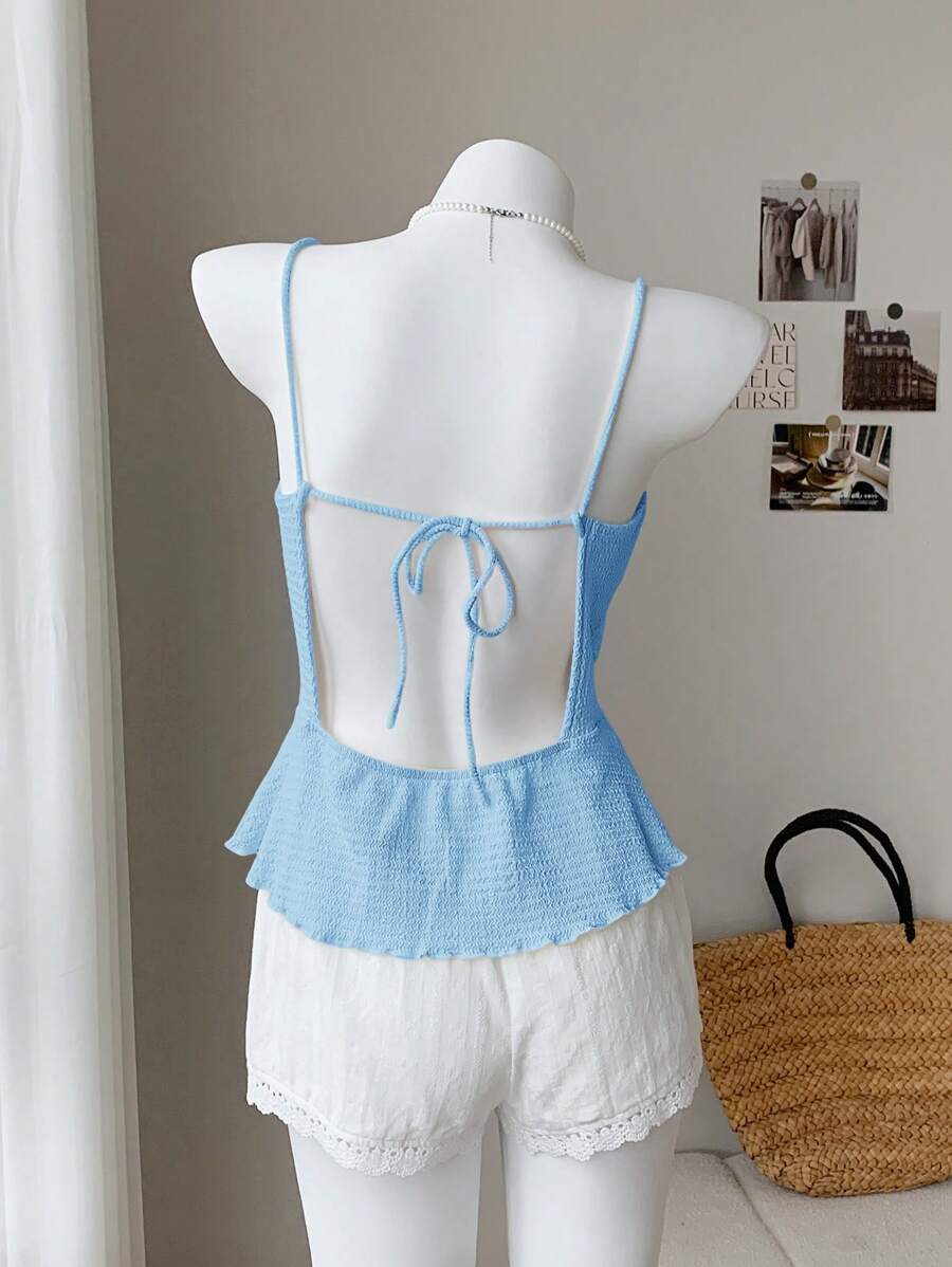 Comfortcana 1 pieza Camiseta sin espalda de unicolor de tela texturizada para vacaciones - Azul - Ver 1