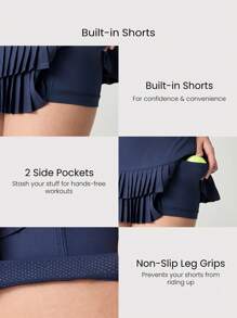 GLOWMODE 3英寸双倍时间褶皱迷你裙，内置短裤侧袋，防滑握把，低冲击力网球高尔夫匹克球日常休闲装 - Dark Blue - 查看 3