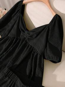 CosyJoli 加大码两件套纯色短袖上衣和短裤 - 黑色 - 查看 5