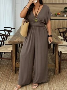 SHEIN Clasi 大码度假休闲纯色蝙蝠袖连体裤 - 棕色 - 查看 3